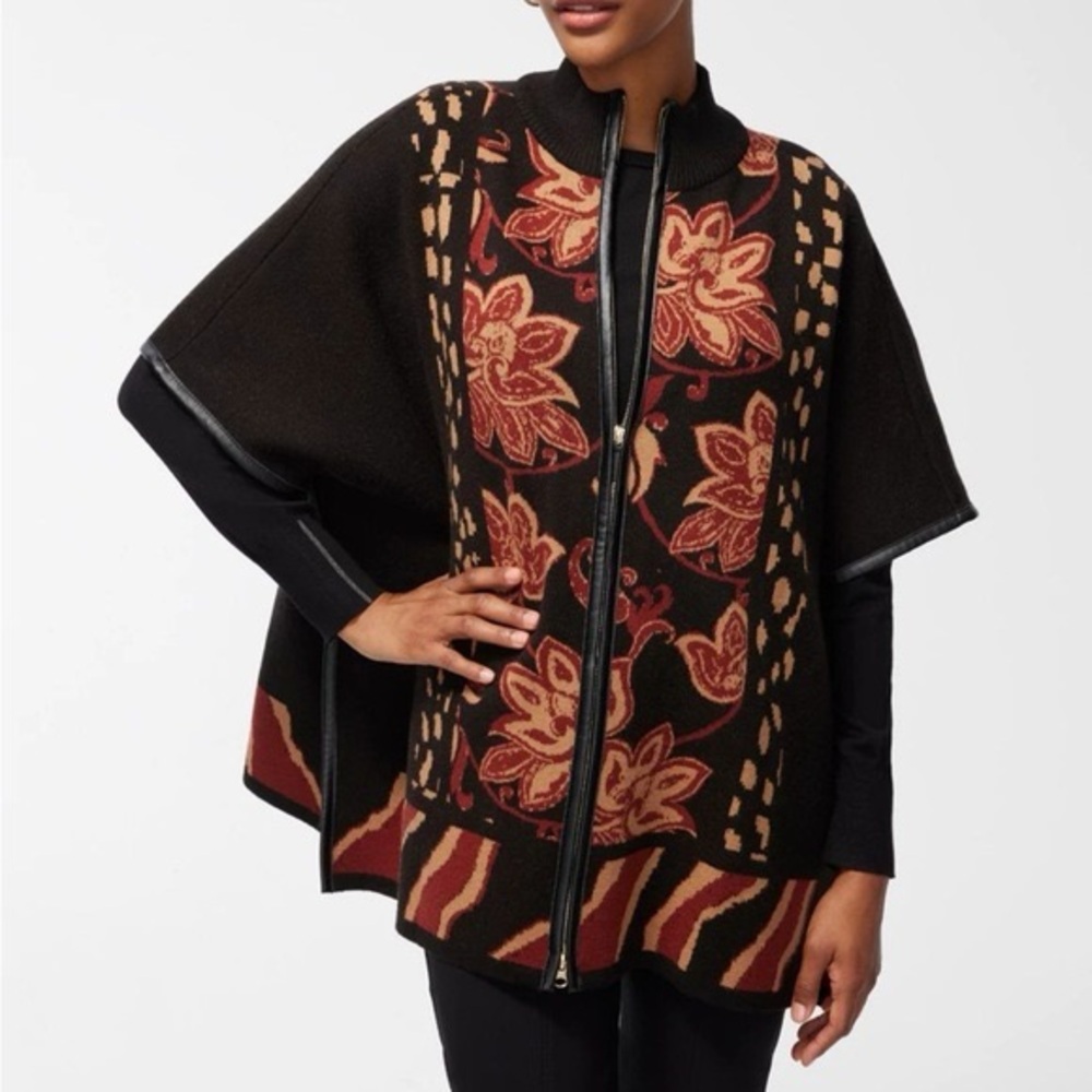 NWOT Chico's Zip‎ Front Poncho Sweater Ruana Black Floral Print S/M Boho Luxe